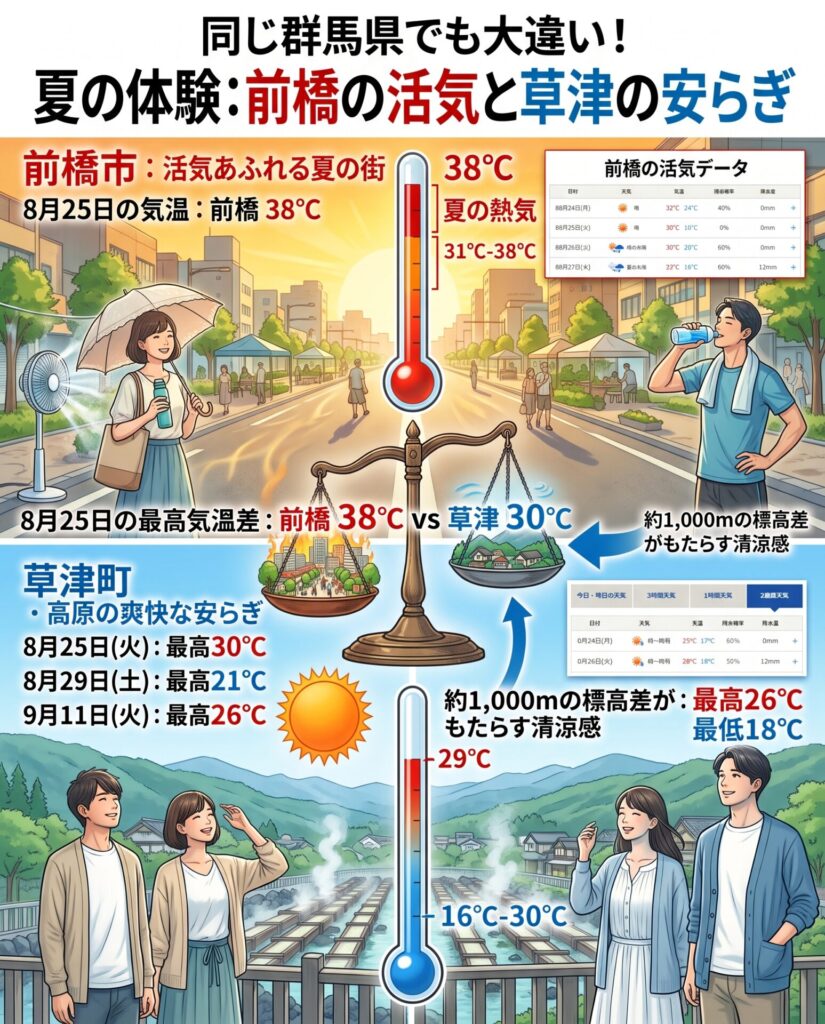 前橋市と草津町の夏の気温を比較した画像
